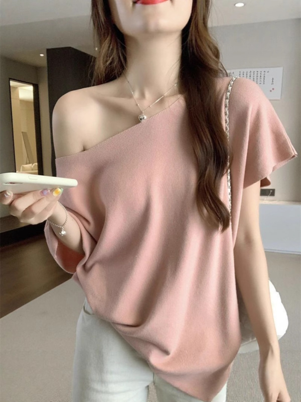 韓国の不規則な斜め肩バットスリーブニットTシャツ、女性用、新しい夏スタイルのレイジースタイルのゆったりとしたスリムなトップ|undefined
