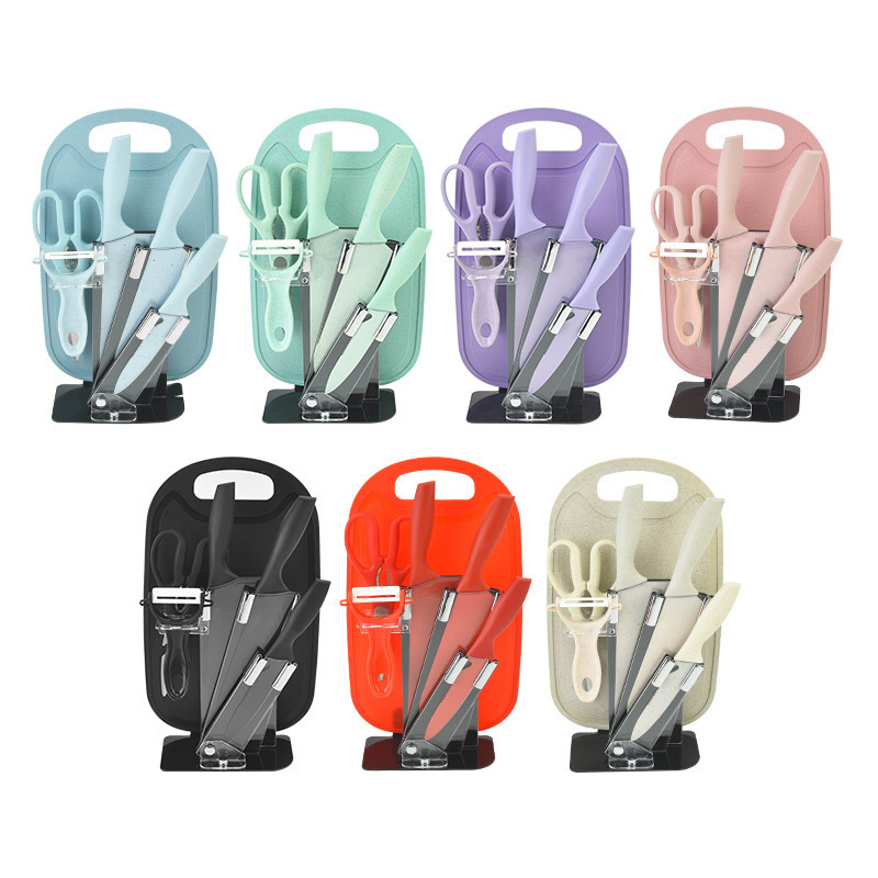 Ventas directas en stock de trigo de color Polo de acero inoxidable de siete piezas asiento de acrílico con tabla de cortar regalo traje de cuchillo