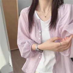 フレンチジェントルパープルテンセルリネン日焼け止めシャツレディース夏薄手アウターカバーアップルーズランタンスリーブシャツジャケット