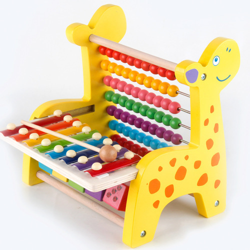 Wooden multifunctional deer knocking piano and beading calculation rack flip rack three-in-one children's early education educational toy