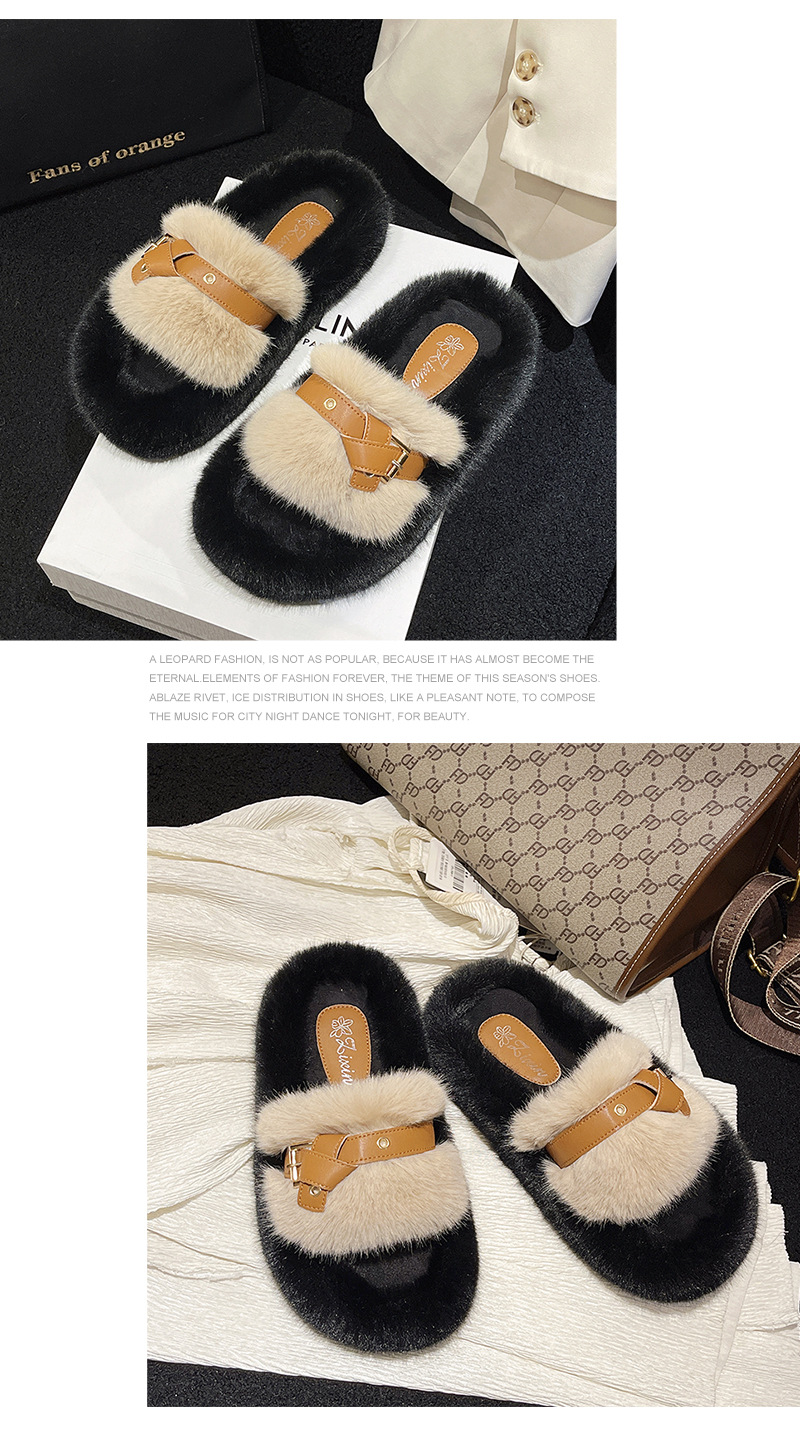 Pantofole in pelliccia nera panda di vendita calda per donna 2023 nuovo nodo con cintura autunno e inverno con calzini e mezze pantofole in velluto_voghion.com