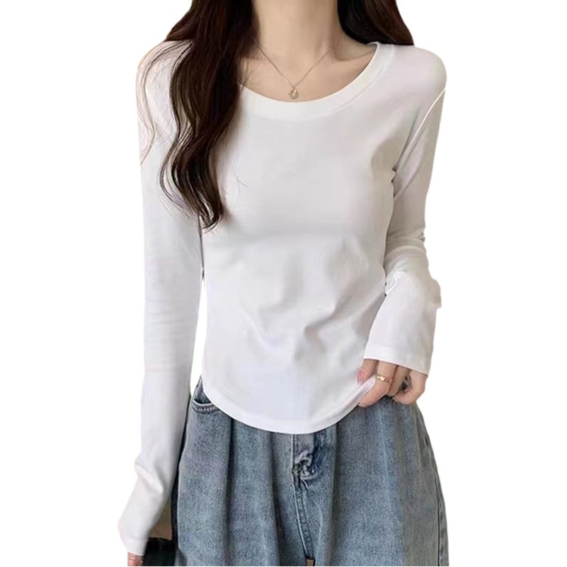 [95綿] 純綿の肩の長袖tシャツの女性の新型の早秋のデザイン感があります。