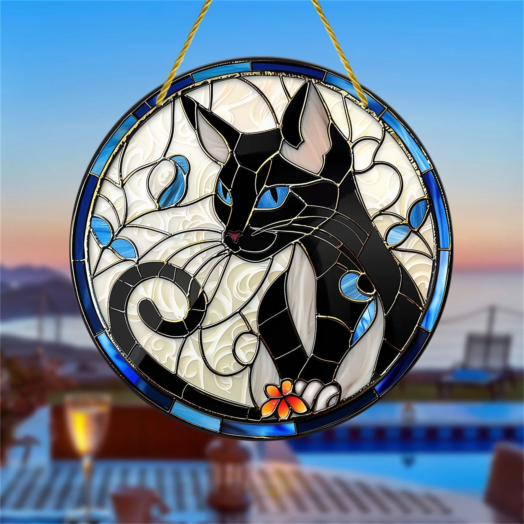 Acrílico Siamese Gato Negro Sol Captura Disco Animal Creativo Colores Vivientes Colgante de Ventana de Pared