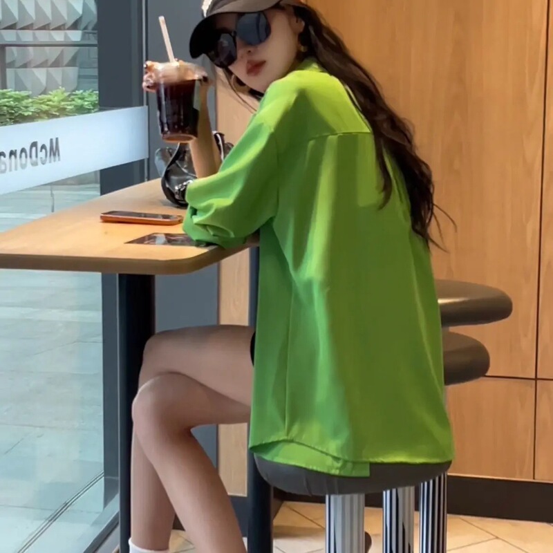 New Summer Shirt, Korean Style Loose Casual Outerwear, Solid Color Women's Long-Sleeved Shirt, Klein Blue New Summer Shirt, Korean Style Loose Casual Outerwear, Solid Color Women's Long-Sleeved Shirt, Klein Blue