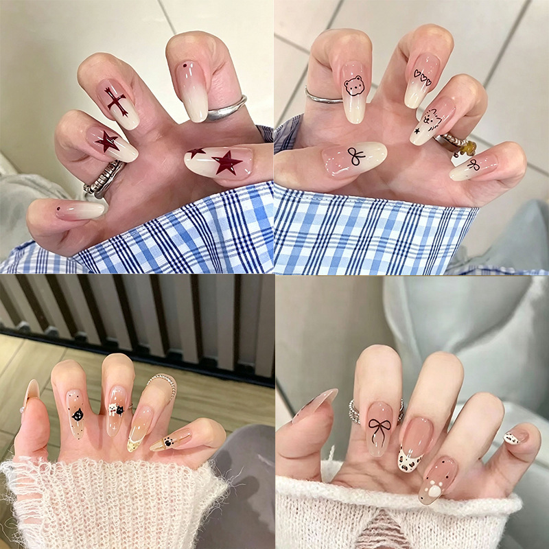 New hot-selling nail art ins Japanese and Korean style combination polka dot simple design oval nails 10-piece set of press-on nails wholesale