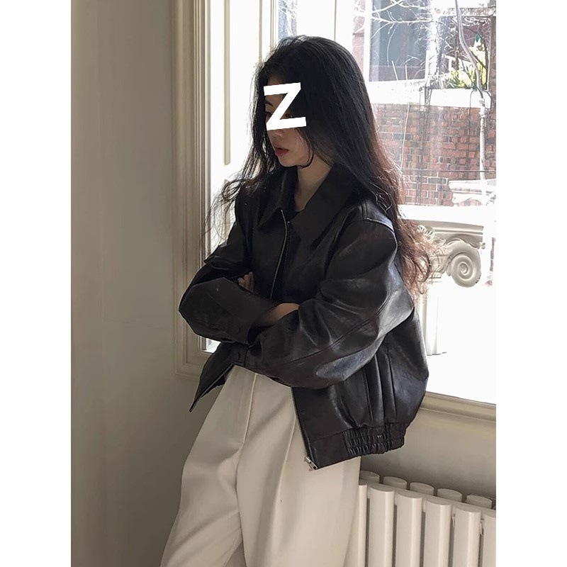 2026 Autumn New Korean Dongdaemun Style Retro Solid Color Short Brown Slimming Lapel Pu Leather Jacket