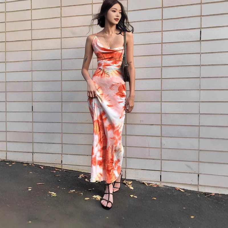 Cross-border Foreign Trade 2025 Amazon European and American Women's Summer New Printed Tie-dyed Backless Strap Long dress Women Cross-border Foreign Trade 2025 Amazon European and American Women's Summer New Printed Tie-dyed Backless Strap Long dress Women