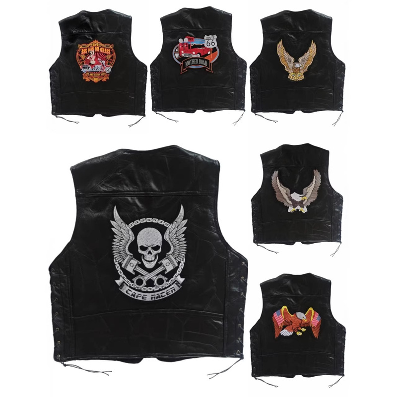 Classic European and American Harley Motorcycle American Embroidered Leather Vest Cycling Splicing Vest Black Embroidered Waistcoat Stylish Classic European and American Harley Motorcycle American Embroidered Leather Vest Cycling Splicing Vest Black Embroidered Waistcoat Stylish