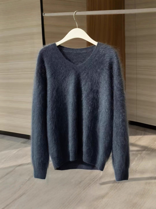 皇室拉绒100%山羊绒衫女V领秋冬拉毛打底上衣宽松套头针织衫毛衣|undefined
