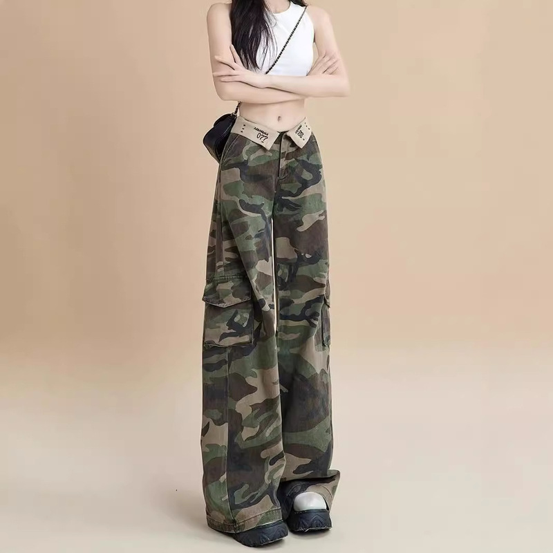 American Retro Low-Waist Cuffed Camouflage Wide-Leg Jeans for Women, Loose Slimming Look Overalls, 2024 Washed
