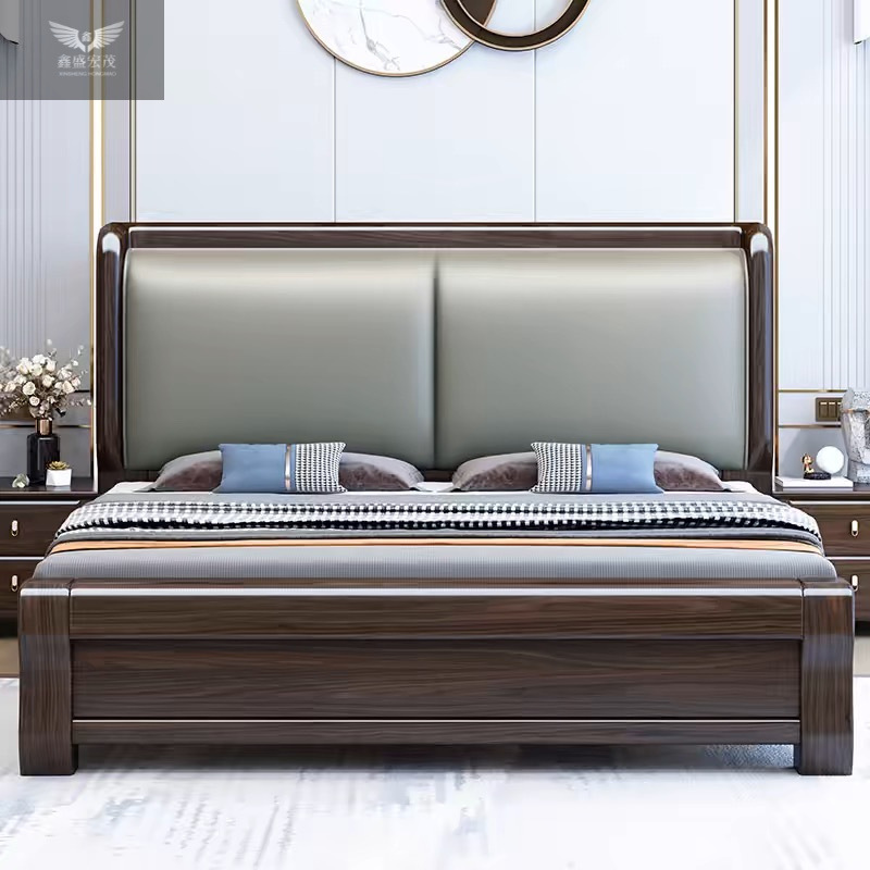 Cama de madera maciza de sandalwood, cuero suave, cama doble, cama de madera maciza moderna y simple, nueva cama de matrimonio de almacenamiento de estilo chino.