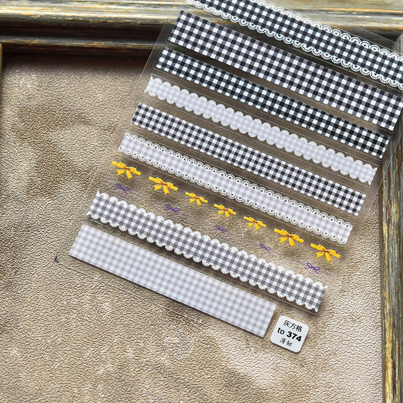 2021 nueva pegatina adhesiva de flor en blanco y negro ultrafina simple de estilo japonés etiqueta engomada de uñas de papel en línea popular encaje a cuadros