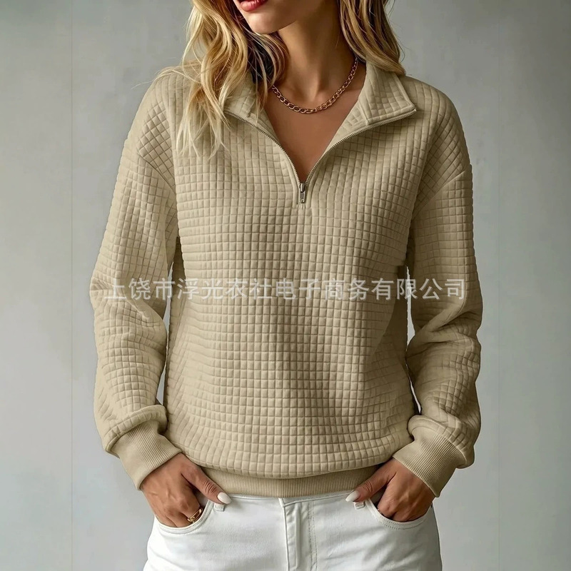 2026 European and American Autumn Bestseller: Comfortable Loose Waffle Knit Solid Color Stand Collar Zipper Long Sleeve Patchwork Women's Sweatshirt 2026 European and American Autumn Bestseller: Comfortable Loose Waffle Knit Solid Color Stand Collar Zipper Long Sleeve Patchwork Women's Sweatshirt