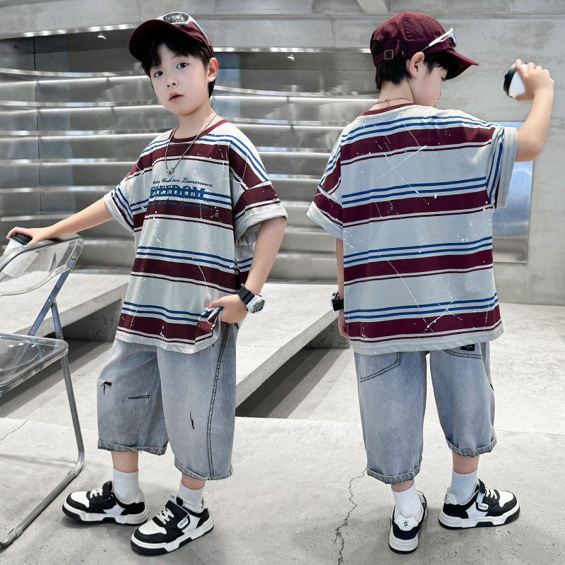 7258 Traje delgado de manga corta para niños Camiseta de verano para niños Pantalones cortos de mezclilla Baby 2025 Nuevo verano coreano 3