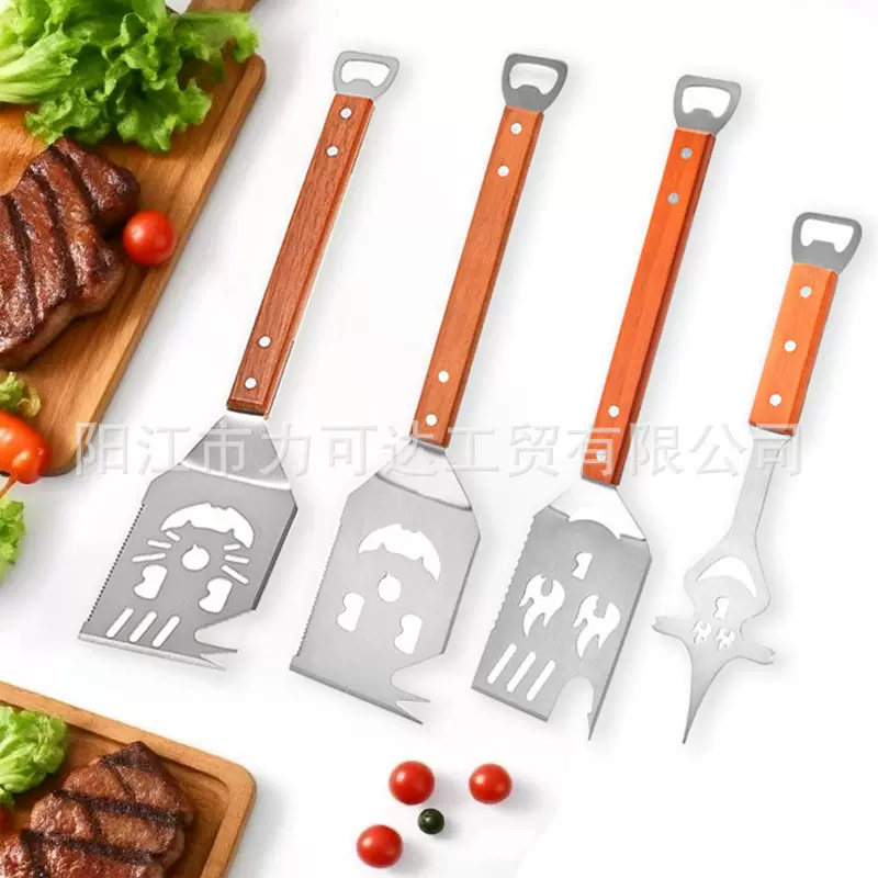 现货亚马逊多功能铲创意烧烤工具开瓶器BBQ图案刀叉烧烤工具组合