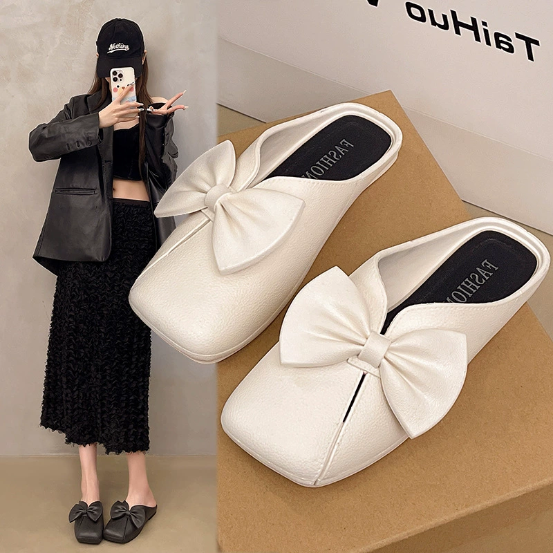 Летние новые стильные женские туфли-мюли с французским бантом, модная обувь для улицы, слипоны, повседневные туфли на низком каблуке 1,5 см.