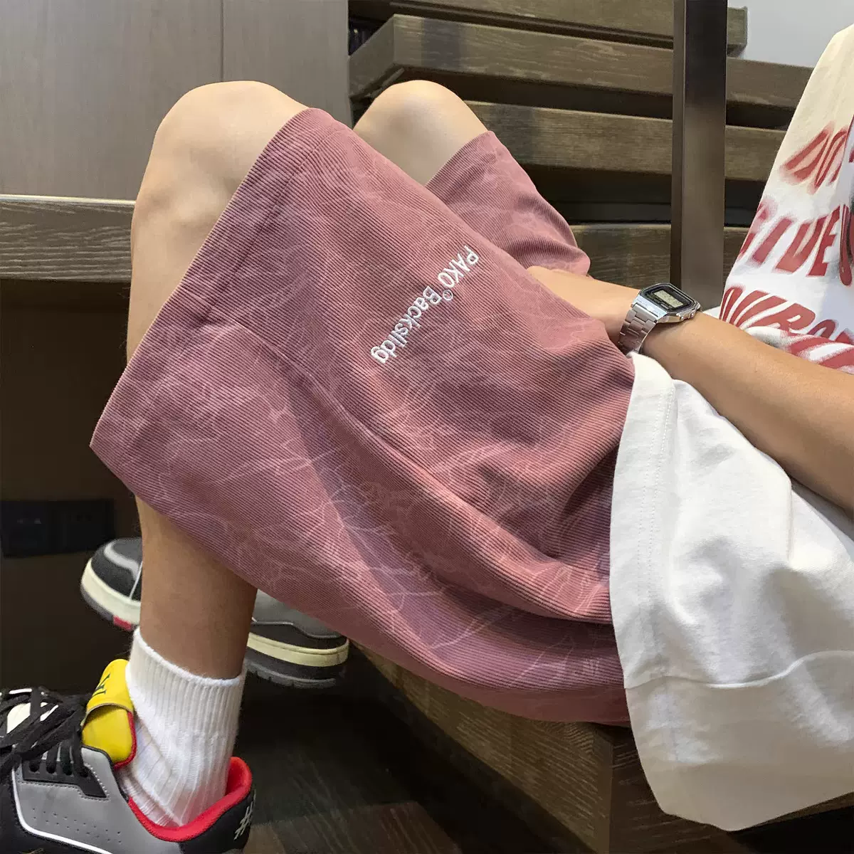 新中式灯芯绒刺绣五分裤男2025夏季潮牌运动休闲短裤宽松直筒裤子