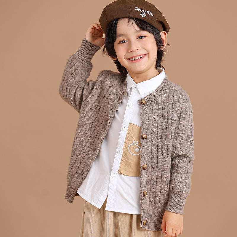 男女子供100% 純ウールクラシックレトロ麻花ニットカーディガン厚手丸襟純色洋気セーター潮