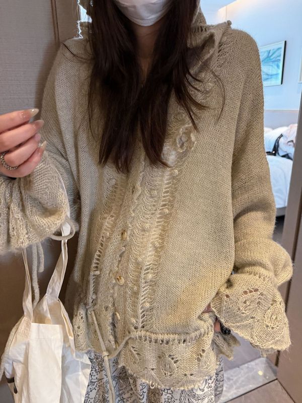 重工韩系慵懒松弛感钩花针织连帽大开衫女薄款羊毛针织衫毛衣|undefined
