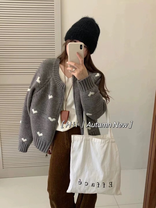 韩系2025秋冬新款厚实拉链针织开衫女圆领爱心提花女式毛衣外套潮|undefined