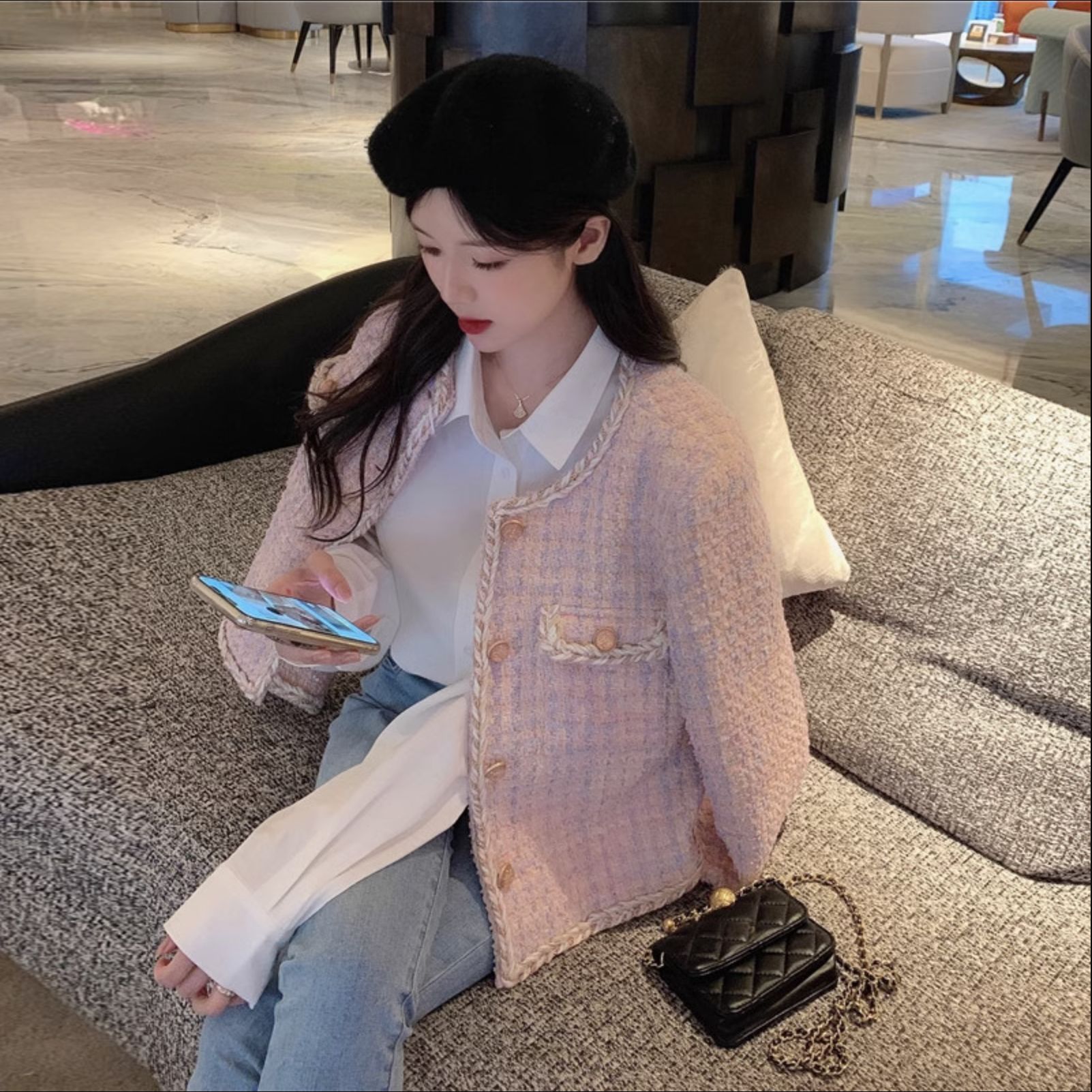 粉色优雅短款小香风西装外套女2025新款秋冬甜美小个子气质韩系潮