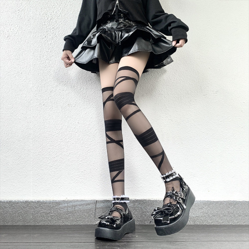 Black stocking fishnet stocking feminine black hot girl subculture white punk style hole bandage Y2 one-piece pantyhose dropshipping