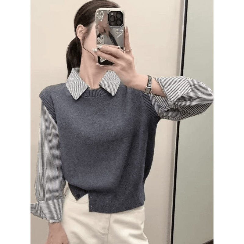 Fake Two-Piece Collared Knit Sweater for Women, Autumn/Winter 2026 New Style, Loose Casual Versatile Youthful Patchwork Base Shirt Top