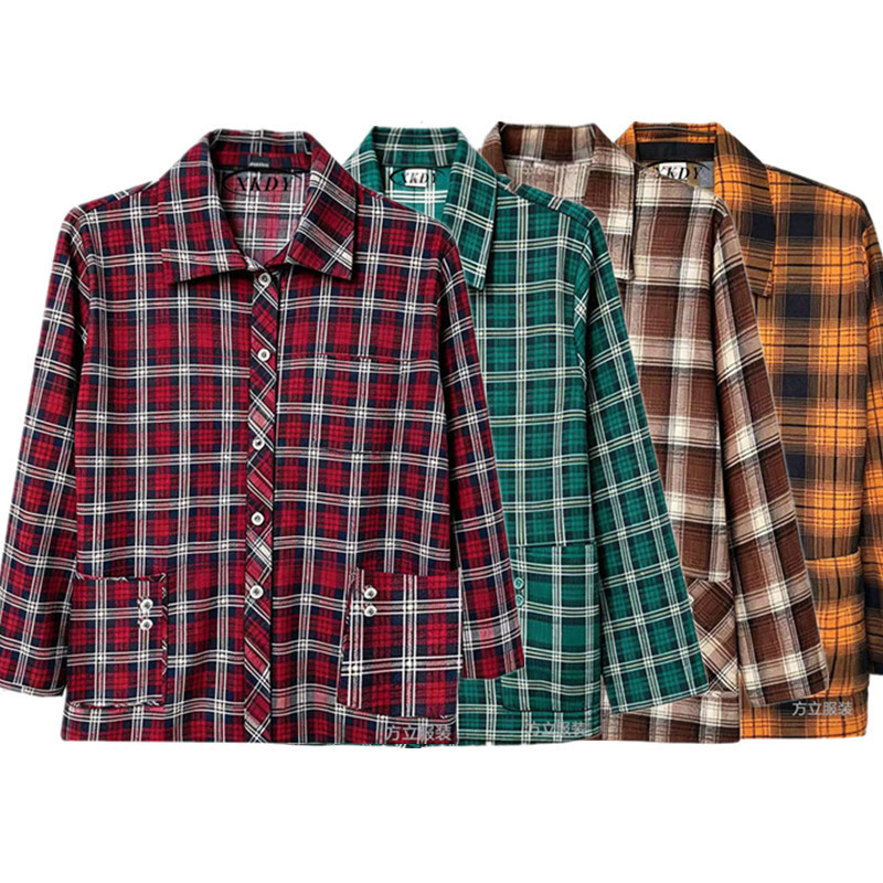 Middle-aged and elderly plaid collared shirt, thin jacket for middle-aged mothers, loose-fitting women's versatile shirt for spring and autumn, in stock Middle-aged and elderly plaid collared shirt, thin jacket for middle-aged mothers, loose-fitting women's versatile shirt for spring and autumn, in stock