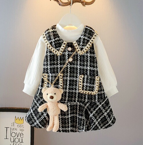  New Autumn Girls Set Korean Style Dress Baby V-Neck Dress Cute Little Fragrance Long-Sleeve Two-Piece Set