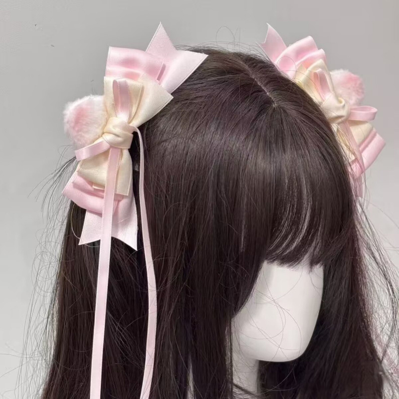 かわいいリボン、甘い女の子の耳のヘアピン、プリンセススタイルの絶妙なヘアアクセサリー、ピンクのヘッドバンド、リボンサイドクリップ|undefined