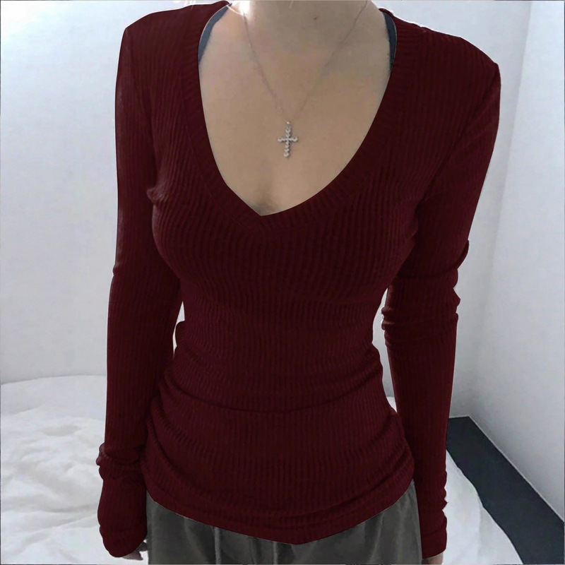 Cross-Border Women's Solid Color Slim Long-Sleeve T-Shirt, Brushed Ribbed, Casual Simple Autumn Wear