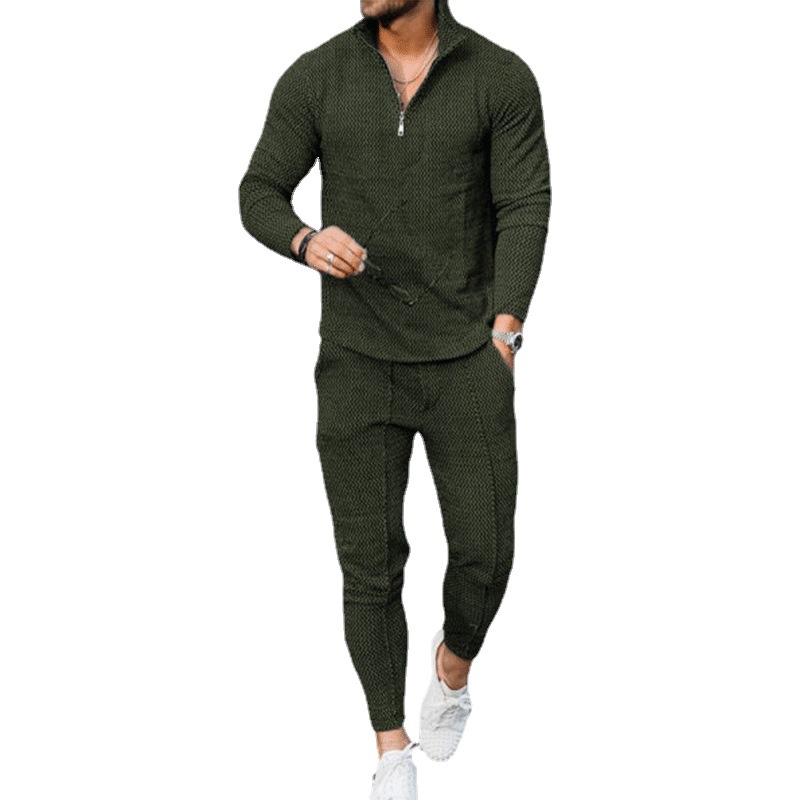 El comercio exterior de los hombres de otoño textura traje de manga larga polo desgaste pantalones deportivos moda casual media cremallera soporte collar traje