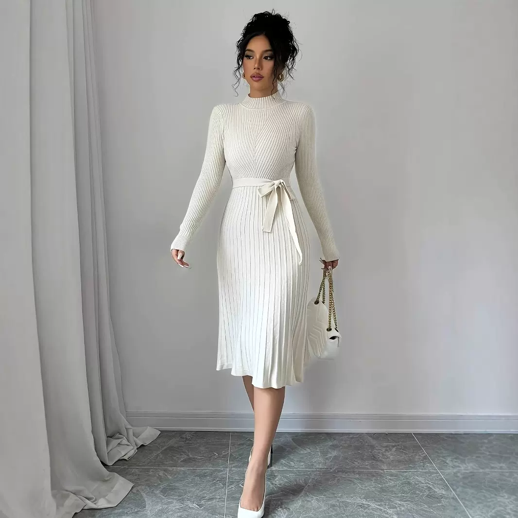 2025亚马逊欧美跨境电商新款针织长裙绑带修身气质毛衣连衣裙