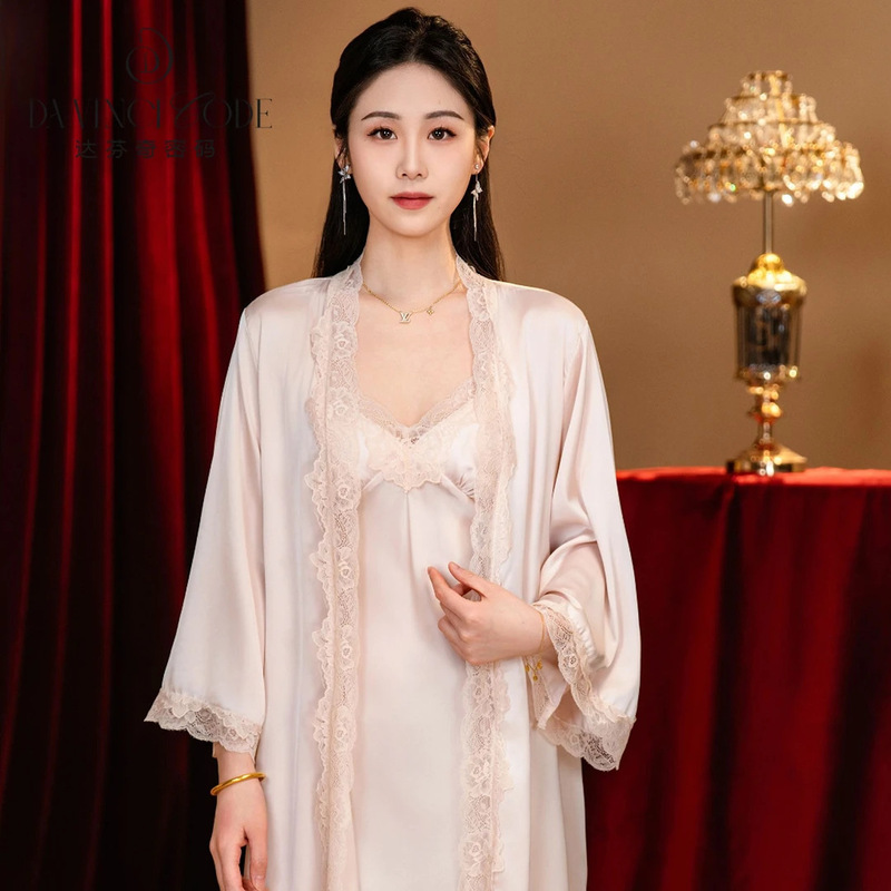 Da Vinci Code Sexy Palace Style Pajamas for Women, Ice Silk Two-Piece Set, Camisole Nightgown, Long Robe Set for Women