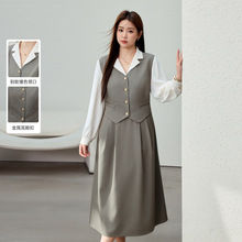 【学院风假两件收腰显瘦连衣裙】纤莉秀大码女装胖mm2025春装新款