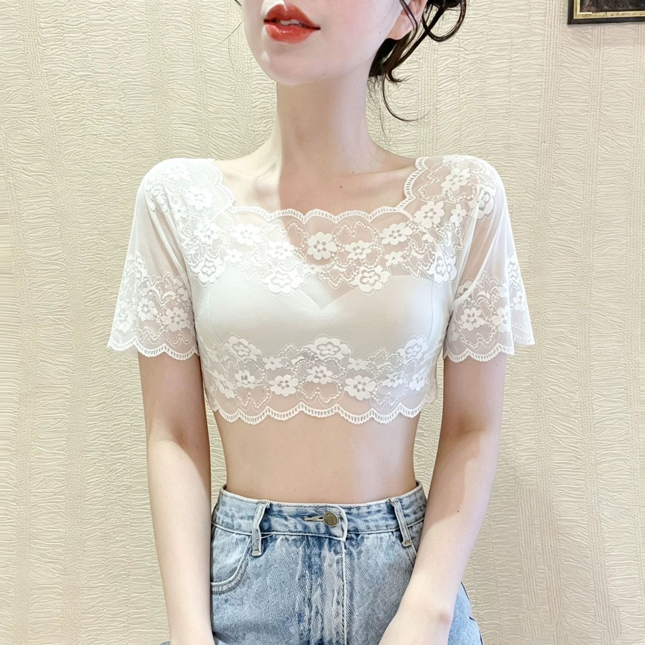 2026 Summer Lace Short-Sleeve Inner Layer See-Through T-Shirt Top, Off-the-Shoulder Square Neck Lace Bandeau Top