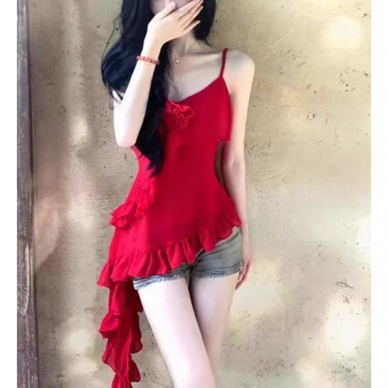 Pure Desire Sexy Red Flower Camisole Women's Summer Outerwear Slim Fit Irregular Ruffled Top