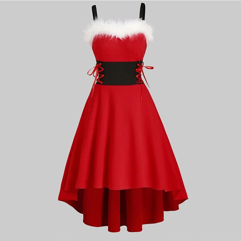 Abbigliamento da donna Natale Rosso Spalle scoperte Nero Vita Fiocco Bretelle Vestito_voghion.com
