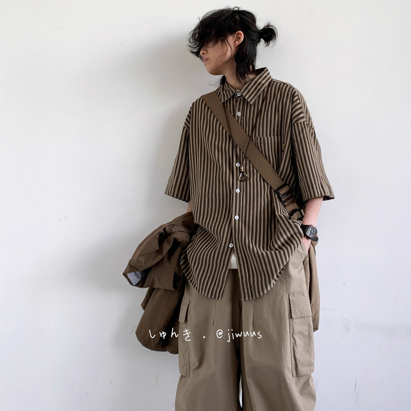 Japanese Retro Niche Harajuku Style Striped Short-Sleeve Shirt for Men, New Summer Loose Boyfriend Style Workwear Shirt Japanese Retro Niche Harajuku Style Striped Short-Sleeve Shirt for Men, New Summer Loose Boyfriend Style Workwear Shirt