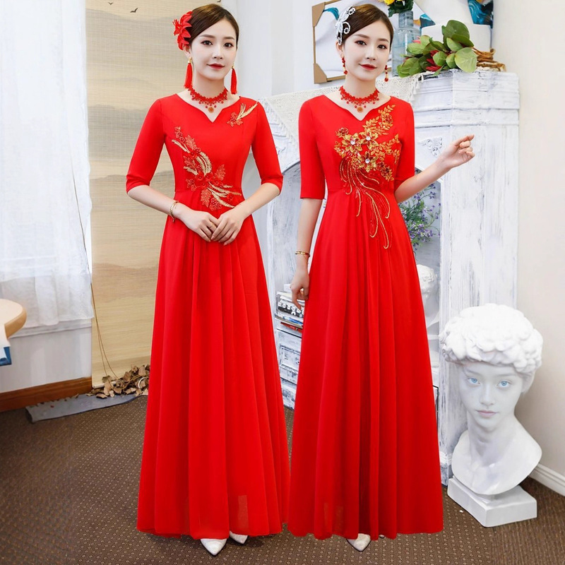 新款礼服大合唱服女长裙成人中老年大红诗歌朗诵表演演出服|undefined