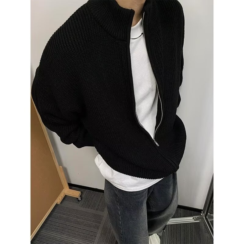 24 primavera y otoño estilo americano retro cuello de punto cardigan chaqueta hombre japonés relajado pareja alta sensación suéter