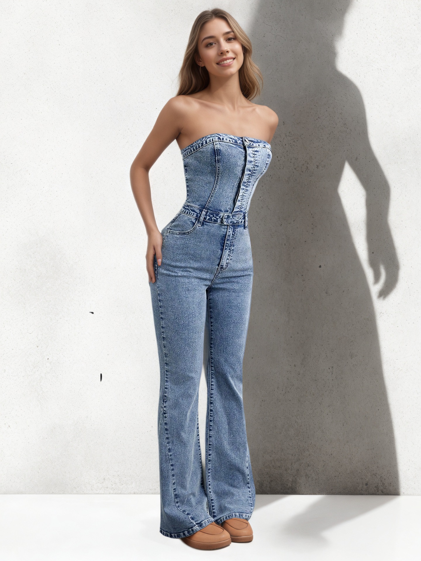 Vintage Denim Jumpsuit For Women - High-Waisted Flared Romper With Stretch, Off-Shoulder Boob Tube Design_ecoleips.com