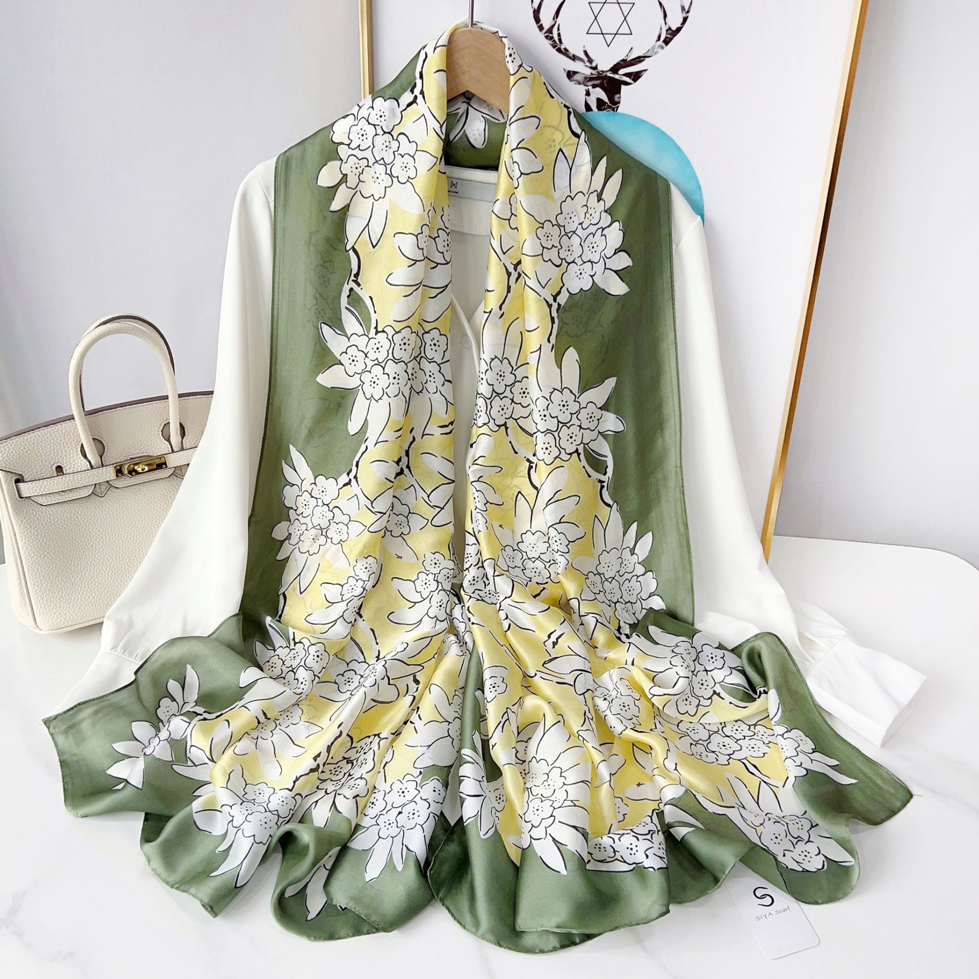 Nueva moda pequeña flor 90*180 primavera y verano de satén fino bufanda larga elegante del todo-fósforo de las mujeres elegante protector solar chal