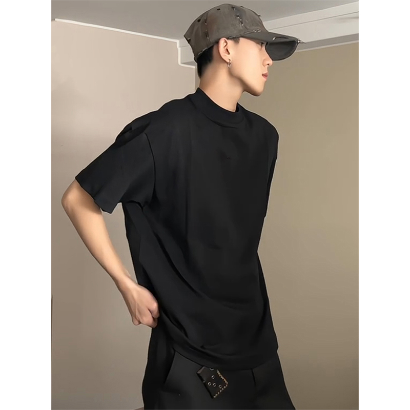 Cleanfit 블랙 퓨어 코튼 반팔 티셔츠 남성 여름 미국 하이 엔드 스몰 넥라인 오른쪽 어깨 반소매