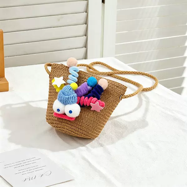 New spring and summer children's bags: big-eyed little monster crossbody bag, baby crossbody bag, beach straw crossbody bag