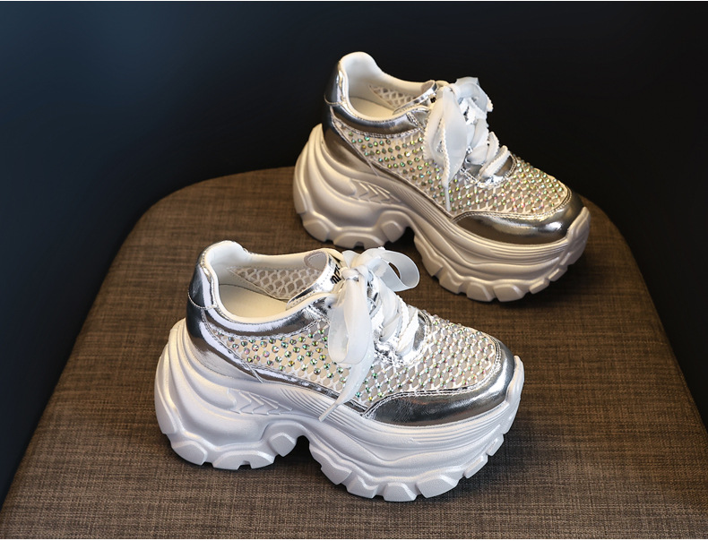 Giày sneaker chunky nữ đế dày lưới thoáng khí tăng chiều cao đính đá — Màu đen chi tiết 4