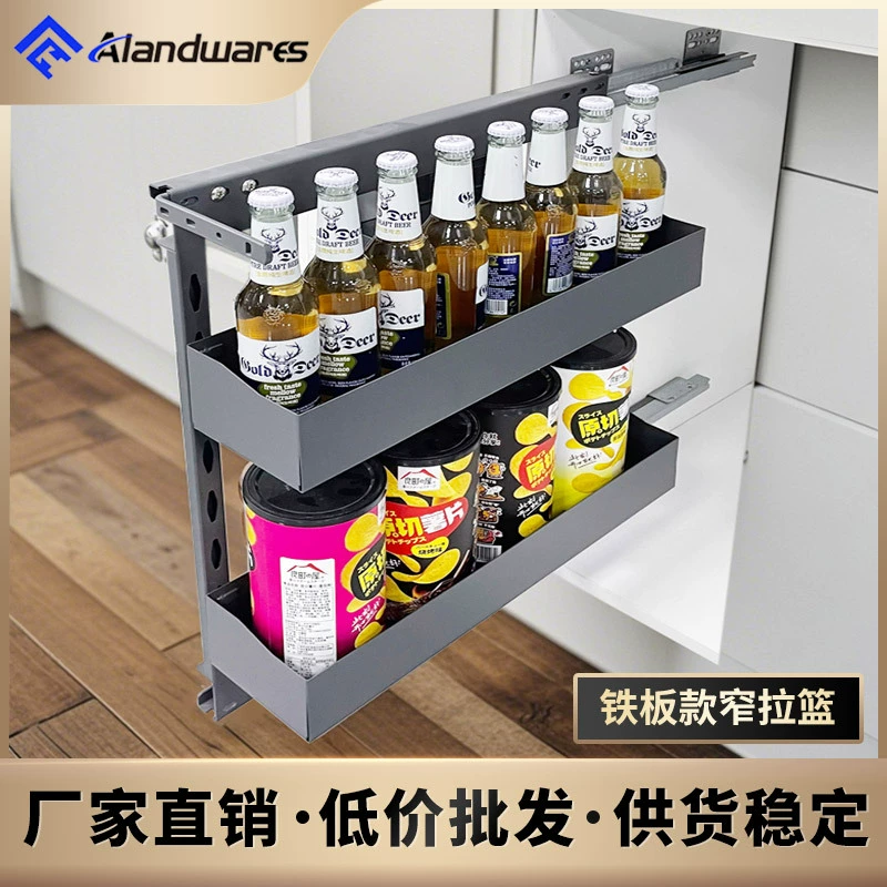Выдвижная корзина для специй из кованого железа для кухонного шкафа, узкая, двухъярусная, многофункциональная, выдвижная, с боковым открыванием