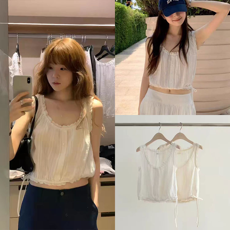 Fan Sun·Xh Korean-Style Sweet Lace Single-Breasted Vest Dongdaemun New Summer Sleeveless Drawstring Waist Top