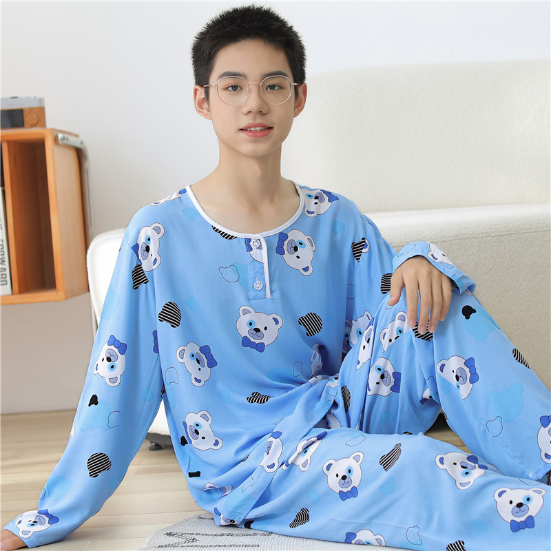 Summer young silk pajamas set cotton silk home clothes loose thin boys and girls middle school long sleeves