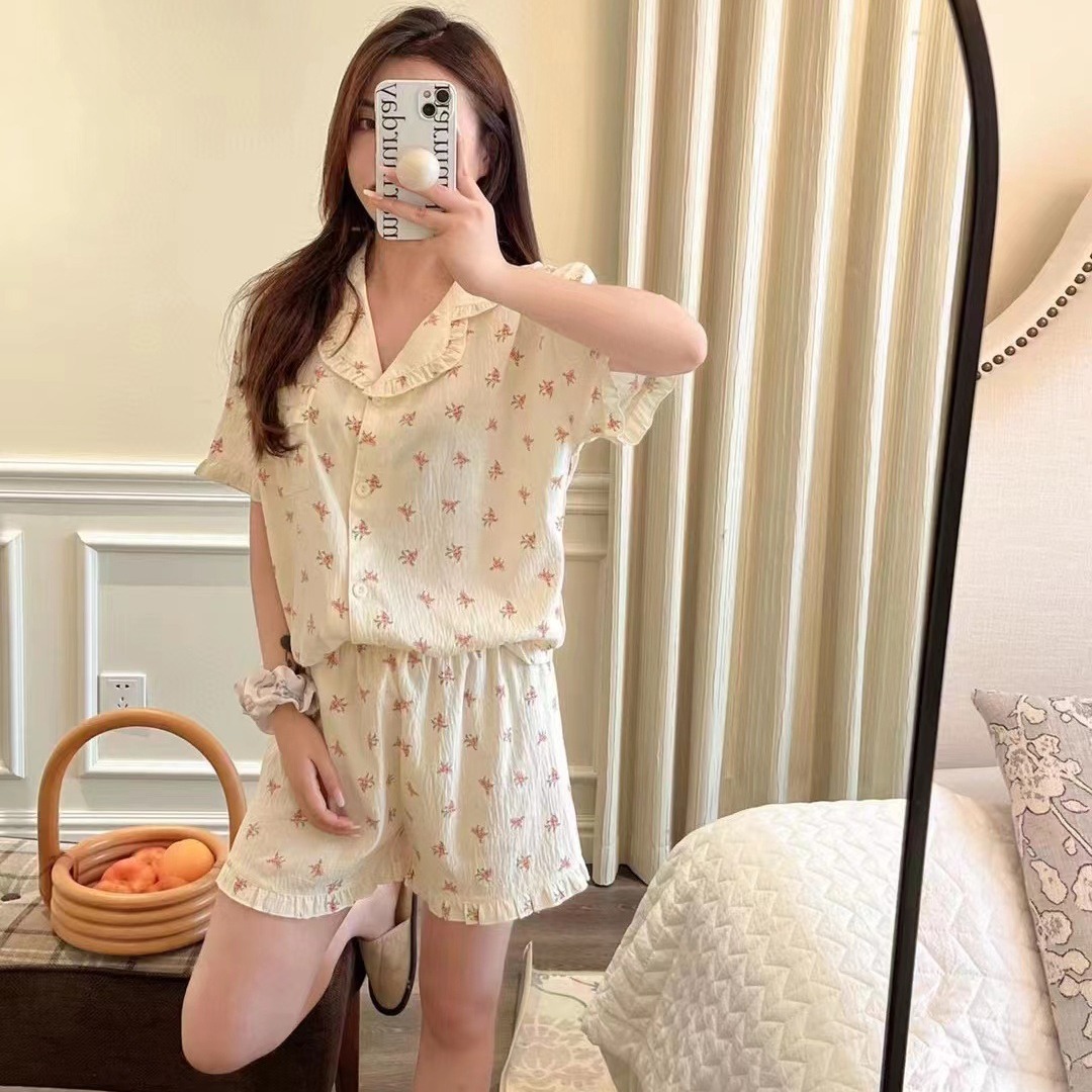 여름 시원한 얇은 잠옷 여성용 에덴 로즈 반팔 반바지 빠른 건조 에어컨 통기성 홈 의류 투피스 세트
